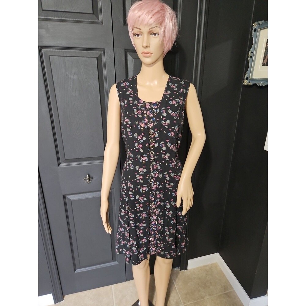 Vintage TR Bentley Women's Black Floral 90's Style Midi Dress Buttons Adjustible